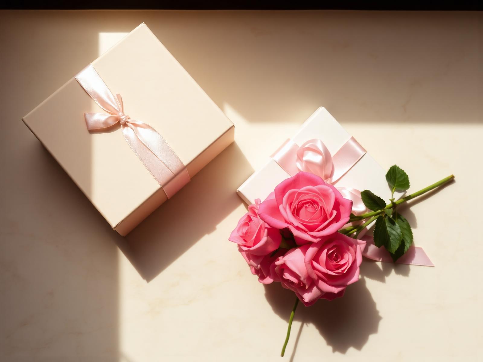 Pink roses and cream gift box